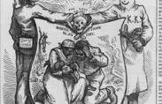 Man "White League" shaking hands with Ku Klux Klan member over shield illustrated with African American couple with dead(?) baby. In background, man hanging from tree.