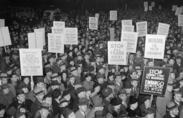 Black and white photo of mass demonstration.