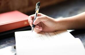 A person writing in a journal or notebook with a pen