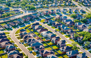 aerial view of homes in a suburban neighborhood.