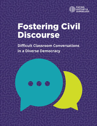 Purple background with the words Fostering Civil Discourse Difficult Classroom Conversations in a Diverse Democracy 