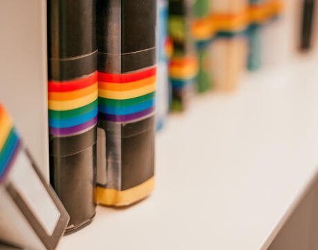 Shelf with LGBTQ awareness books at the public library