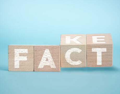 "Fake or fact?" concept with wooden blocks on a blue background.
