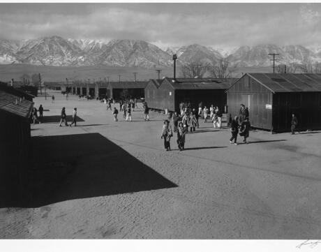 Panoramic view of students walking around the Manzanar Relocation Center in California in the 1940s.